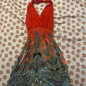 Elegant Paisley Halter Dress - Red and Gray